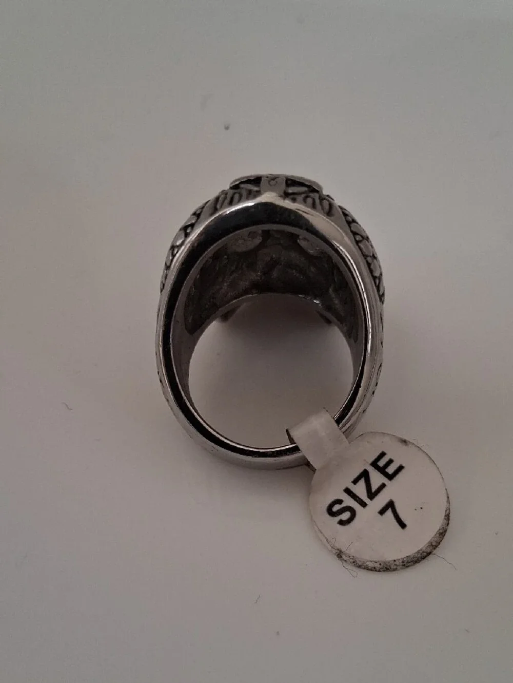 Men's Silver Tone Sugar Skull Ring with Black Stone Eyes